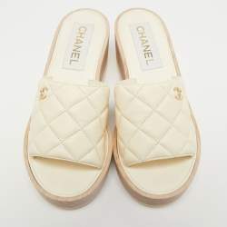 Chanel Cream Quilted Leather CC Platform Slide Sandals Size 39