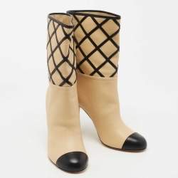 Chanel Beige/Black Interlocking Leather Cap Toe Mid Calf Boots Size 36.5