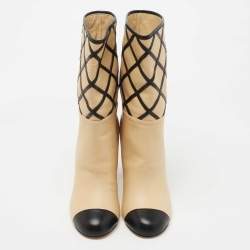Chanel Beige/Black Interlocking Leather Cap Toe Mid Calf Boots Size 36.5