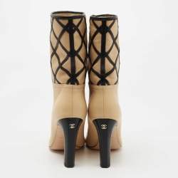 Chanel Beige/Black Interlocking Leather Cap Toe Mid Calf Boots Size 36.5