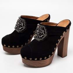 Pre Owned Chanel Black Suede Embellished Wooden Clogs Size 40