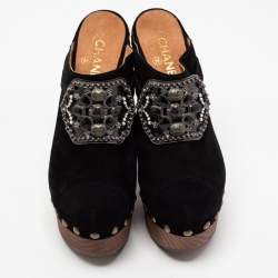 Pre Owned Chanel Black Suede Embellished Wooden Clogs Size 40