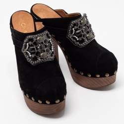 Pre Owned Chanel Black Suede Embellished Wooden Clogs Size 40