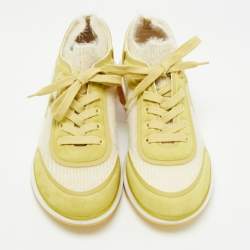 Pre Owned Chanel Green/Beige Suede, Leather and Knit Fabric CC Low Top Sneakers Size 39