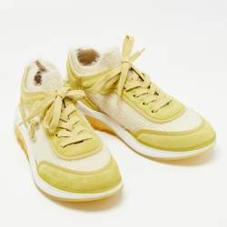 Pre Owned Chanel Green/Beige Suede, Leather and Knit Fabric CC Low Top Sneakers Size 39