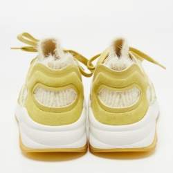 Pre Owned Chanel Green/Beige Suede, Leather and Knit Fabric CC Low Top Sneakers Size 39
