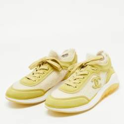 Pre Owned Chanel Green/Beige Suede, Leather and Knit Fabric CC Low Top Sneakers Size 39