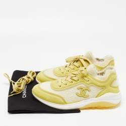 Pre Owned Chanel Green/Beige Suede, Leather and Knit Fabric CC Low Top Sneakers Size 39