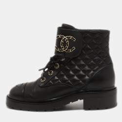 Chanel Black Leather Interlocking CC Logo Combat Boots Size 39.5