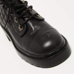 Chanel Black Leather Interlocking CC Logo Combat Boots Size 39.5