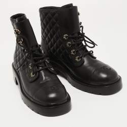 Chanel Black Leather Interlocking CC Logo Combat Boots Size 39.5