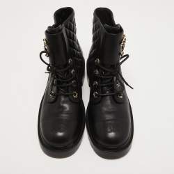 Chanel Black Leather Interlocking CC Logo Combat Boots Size 39.5