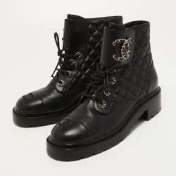 Chanel Black Leather Interlocking CC Logo Combat Boots Size 39.5