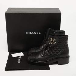 Chanel Black Leather Interlocking CC Logo Combat Boots Size 39.5