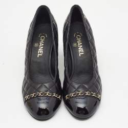 Pre Owned Chanel Black Quilted Leather and Patent Cap Toe Chain CC Pumps Size 39
