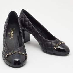 Pre Owned Chanel Black Quilted Leather and Patent Cap Toe Chain CC Pumps Size 39