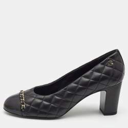 Chanel Black Quilted Leather and Patent Cap Toe Chain CC Pumps