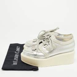 Pre Owned Chanel Silver Leather and Suede Platform Low Top Sneakers Size 38.5
