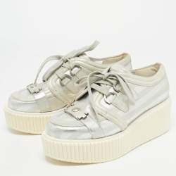 Pre Owned Chanel Silver Leather and Suede Platform Low Top Sneakers Size 38.5