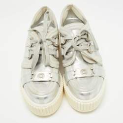 Pre Owned Chanel Silver Leather and Suede Platform Low Top Sneakers Size 38.5