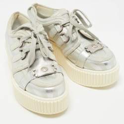 Pre Owned Chanel Silver Leather and Suede Platform Low Top Sneakers Size 38.5