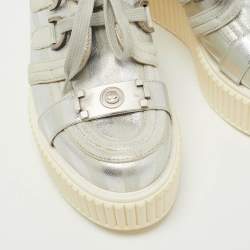 Pre Owned Chanel Silver Leather and Suede Platform Low Top Sneakers Size 38.5