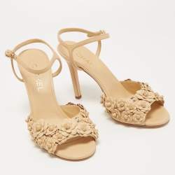 Chanel Beige Leather Camelia Ankle Strap Sandals Size 39