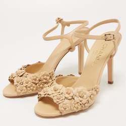 Chanel Beige Leather Camelia Ankle Strap Sandals Size 39