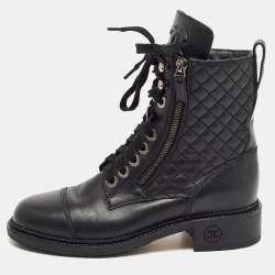 Chanel Black Leather Interlocking CC Logo Combat Boots Size 38 Chanel
