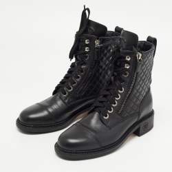 Pre Owned Chanel Black Leather Interlocking CC Logo Combat Boots Size 38
