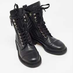 Pre Owned Chanel Black Leather Interlocking CC Logo Combat Boots Size 38