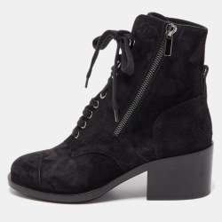 Chanel Black Suede Lace Up Ankle Boots Size 38.5