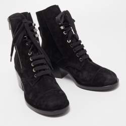 Chanel Black Suede Lace Up Ankle Boots Size 38.5