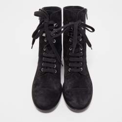 Chanel Black Suede Lace Up Ankle Boots Size 38.5