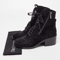 Chanel Black Suede Lace Up Ankle Boots Size 38.5