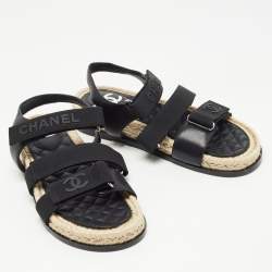 Chanel Black Leather and Canvas Dad Slingback Sandals Size 38