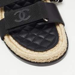 Chanel Black Leather and Canvas Dad Slingback Sandals Size 38