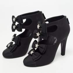 Chanel Black Canvas Cutout Bow Ankle Boots Size 38