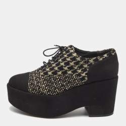 Chanel Black/Gold Tweed And Felt Lace Up Platform Oxford Size 39