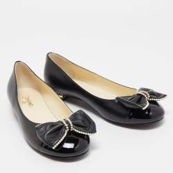 Pre Owned Chanel Black Leather Pearl Embellished Bow CC Cap Toe Ballet Flats Size 37