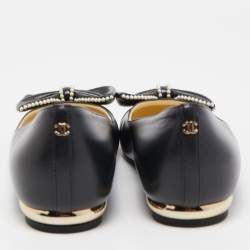 Pre Owned Chanel Black Leather Pearl Embellished Bow CC Cap Toe Ballet Flats Size 37