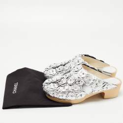 Chanel Silver Leather Camellia Embellished CC Lock Wooden Clogs Size 37