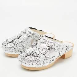 Chanel Silver Leather Camellia Embellished CC Lock Wooden Clogs Size 37