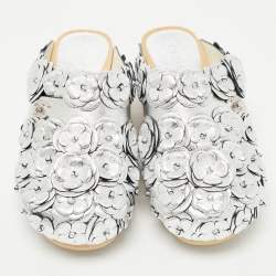 Chanel Silver Leather Camellia Embellished CC Lock Wooden Clogs Size 37
