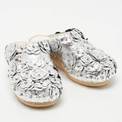 Chanel Silver Leather Camellia Embellished CC Lock Wooden Clogs Size 37
