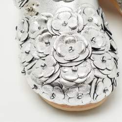 Chanel Silver Leather Camellia Embellished CC Lock Wooden Clogs Size 37