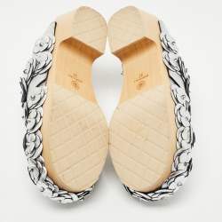 Chanel Silver Leather Camellia Embellished CC Lock Wooden Clogs Size 37
