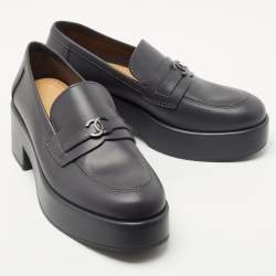 Pre Owned Chanel Dark Grey Leather CC Platform Loafers Size 39.5