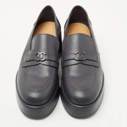 Pre Owned Chanel Dark Grey Leather CC Platform Loafers Size 39.5