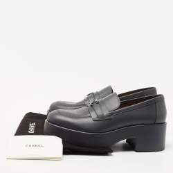 Pre Owned Chanel Dark Grey Leather CC Platform Loafers Size 39.5